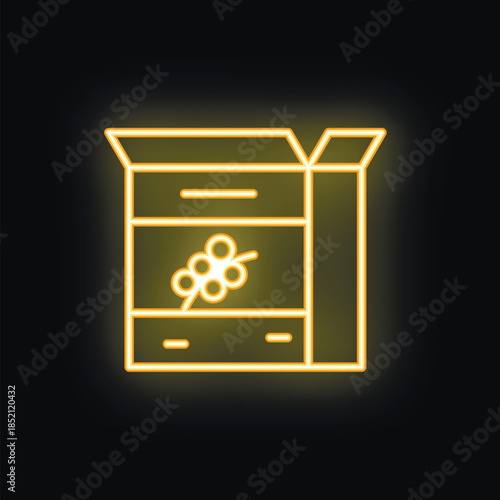 Yellow neon glowing icon of a coffee bag packaging with its top opened, isolated on black background