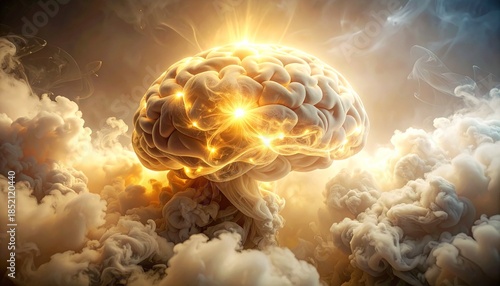 Glowing Brain Structure Suspended Above Billowing Cloudscape with Divine Illumination