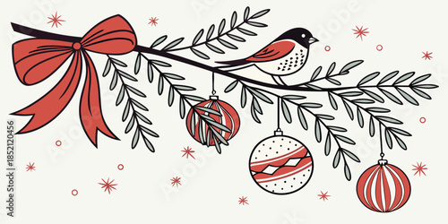 A Christmas tree branch with a bird, a bow, and Christmas tree decorations. A winter fairytale illustration.