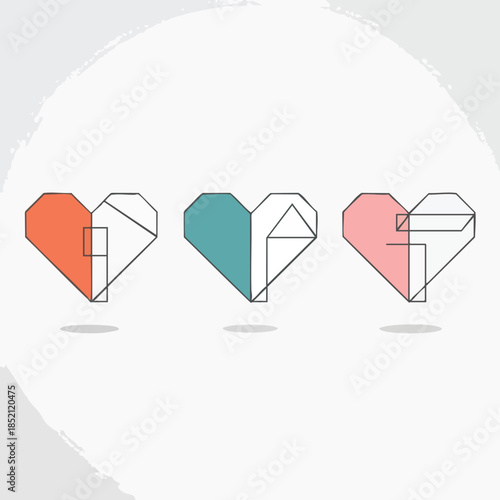 Geometric heart shapes in orange, teal, and pink, with white and gray accents, on a white background with subtle shadows.