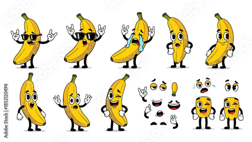 Set of cartoon banana characters with various expressions and poses