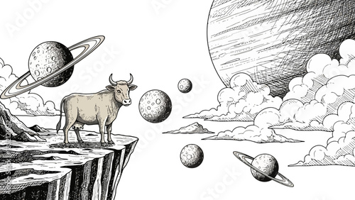 Cosmic Cow Standing on Cliff Edge with Planets in Background
