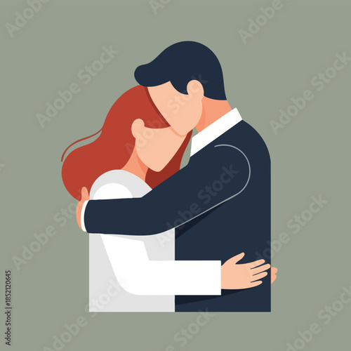 Illustration of a man and woman embracing and kissing with their faces close together against a solid gray background.