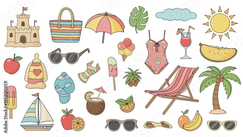 Colorful Summer Beach Vacation Doodle Illustration