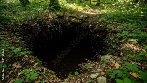 Mysterious deep hole in dense forest with lush greenery