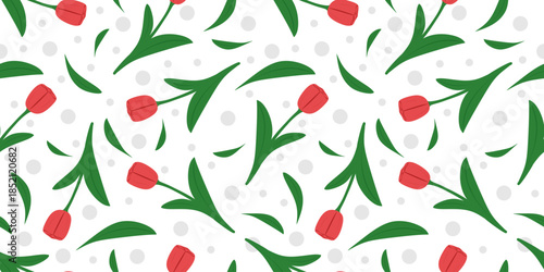Floral seamless pattern, Tulip endless texture. Spring garden floral plant, gorgeous bud, leaves, delicate gentle petals. Design for kids clothes, background, cover, fabric, textile, wallpaper. Vector