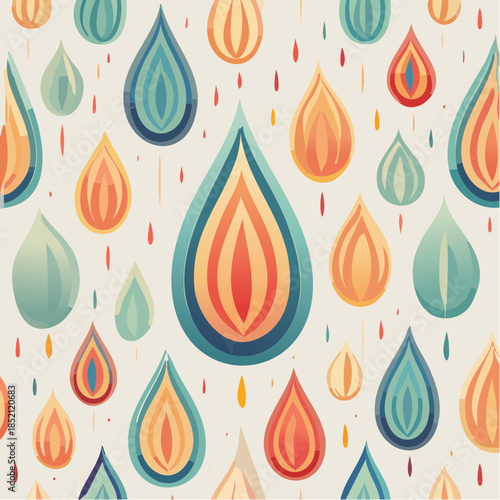 Water droplets pattern. Colorful raindrop shapes. Seamless design. Vector illustration. White background. Abstract texture. Rainbow colors. Teardrop shapes. Decorative elements. Digital art.