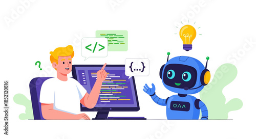 A man working on a computer with a robot assistant, coding and programming concepts, technology and innovation