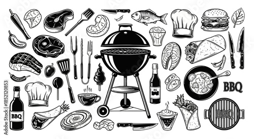 A variety of grilled foods and barbecue items including meats, vegetables, and beverages on a grill