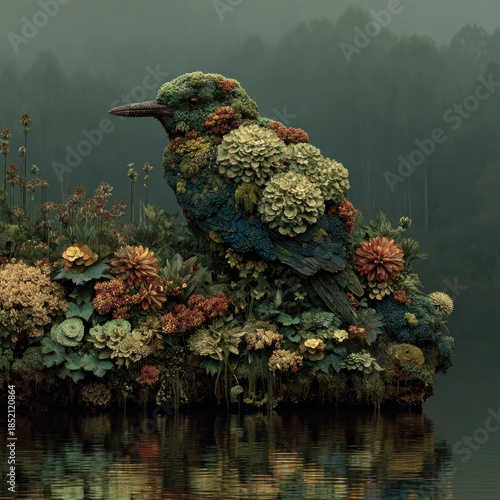 A surreal artistic illustration of a bird, seemingly woven from moss, leaves, succulents, and forest plants.  