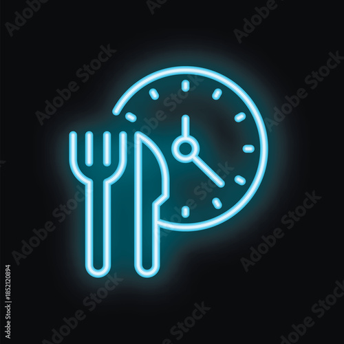 Blue neon sign of a clock with fork and knife, showing lunch or dinner time on black background