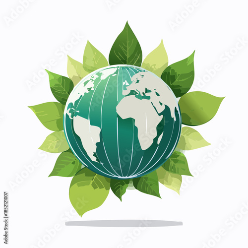 Earth globe icon. Green and white world map. Leafy eco symbol. Vector illustration of planet Earth. Environmental conservation emblem. White background. Eco friendly design element. Green