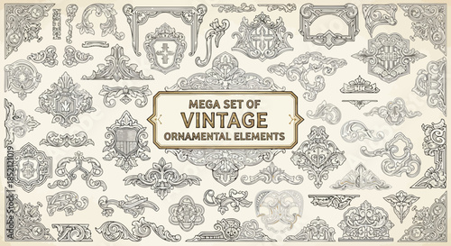 Vintage ornamental elements set with intricate floral and botanical designs, suitable for decorative and artistic projects