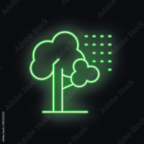 Neon green icon of a tree absorbing carbon dioxide, representing environmental protection