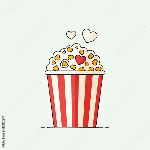 A digital illustration of a red-and-white striped popcorn bucket filled with yellow popcorn and topped with a red heart and two smaller hearts on a plain white background.