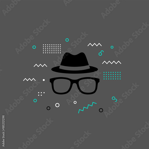 Silhouette of a Hat and Glasses with Geometric Accents.