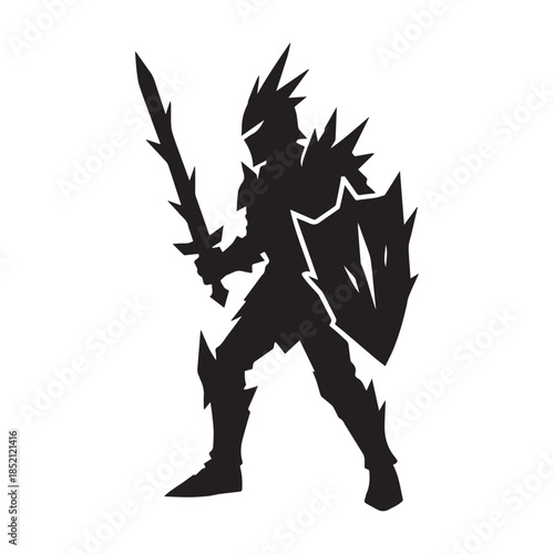 Powerful armored knight silhouette with sword and shield, representing strength, courage, and medieval fantasy adventure, a fierce guardian figure