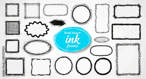 Collection of various sketch shapes and doodles with a blue circle in the center containing the text made with ink forester