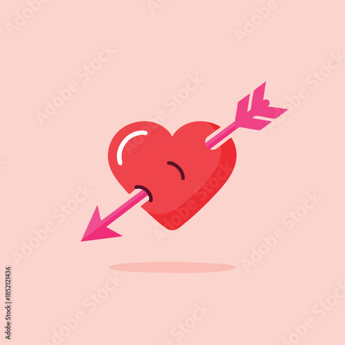 A cartoon heart with a pink arrow piercing through it on a soft pink background with a slight shadow underneath.