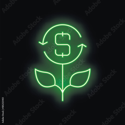 Green neon icon representing the concept of sustainable investment growing profit