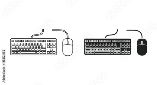 Minimalist depiction of computer keyboards and mice in a clean graphic silhouette