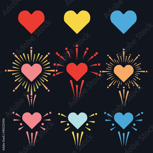 Colorful heart icons with dynamic lines on a dark background, conveying a lively and playful mood in a graphic design element.