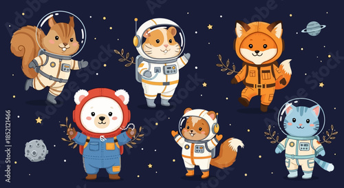 Cute cartoon animals dressed as astronauts floating in space with stars and planets