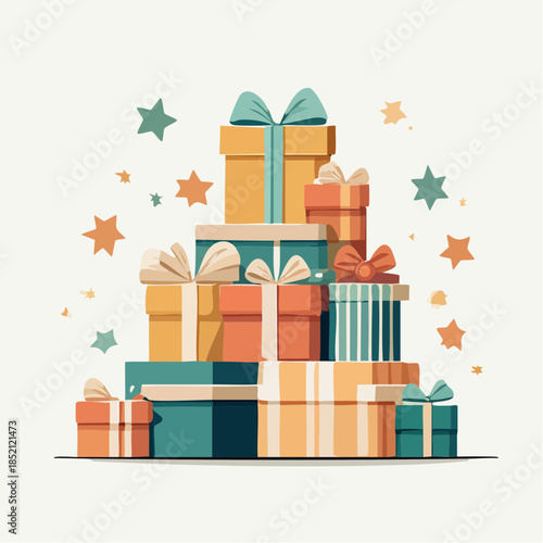 Stack of colorful gift boxes. Wrapped presents with ribbons. Orange, yellow, and green gifts. Vector illustration on white background. Gift wrapping. Presents pile. Colorful stars around.