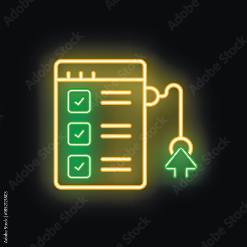 Neon glowing icon of a checklist being uploaded to cloud storage using a cable