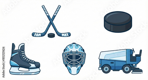 Comprehensive vector illustration set of essential ice hockey equipment and rink maintenance items, ideal for sports-themed designs