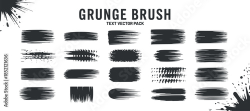 A collection of diverse black grunge brush strokes and textures displayed against a clean white background ideal for graphic design projects