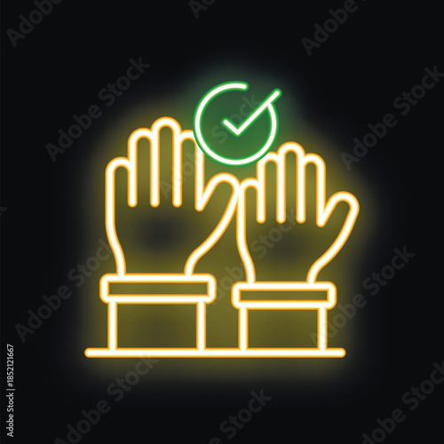 Neon sign illustrating the concept of voting with two people raising their hands and a green check mark