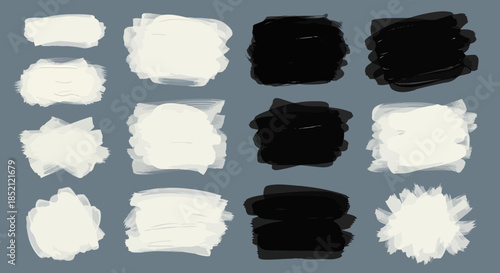Various abstract brush stroke textures in black and white with different shapes and patterns