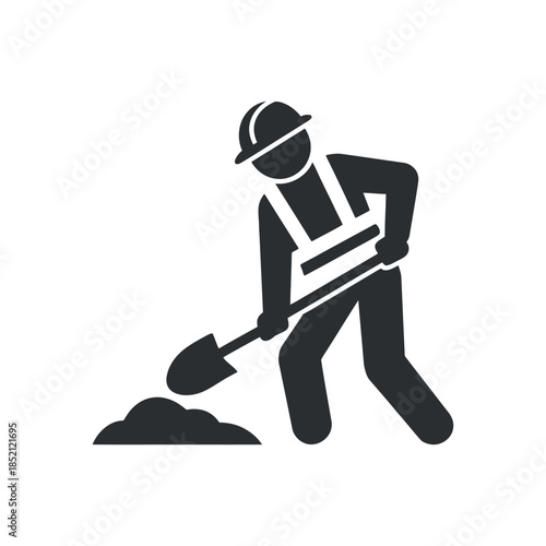 a simple black and white illustration depicts a worker digging with a shovel showcasing construction or labor activities in a minimalist style
