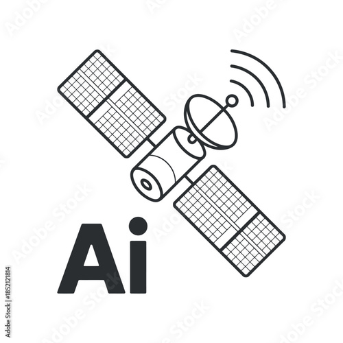 A simple black and white illustration depicts a satellite in space with solar panels and an antenna alongside the letters ai
