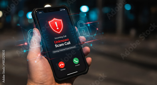 Incoming unknown scam call alert on smartphone with fraud warning