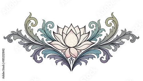 Elegant Pastel Colored Lotus Flower with Decorative Swirls and Tendrils on Isolated White Background