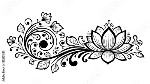 Ornate Lotus Flower Design with Trailing Vine Pattern and Decorative Elements, isolated white background