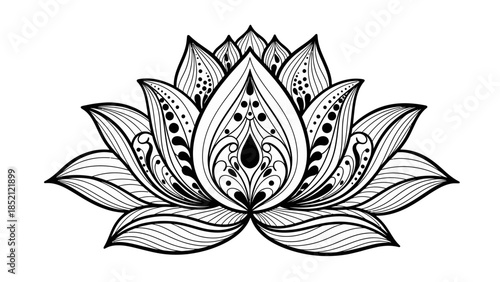 Highly Detailed Black and White Lotus Flower with Intricate Mandala Patterns Illustration on Isolated White Background