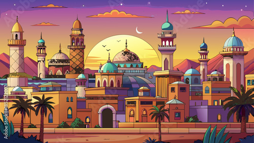 Magical sunset over an ancient islamic city with towering minarets and palm trees