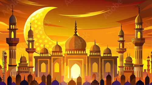 Golden islamic mosque skyline with a glowing crescent moon and stars in the vibrant evening sky