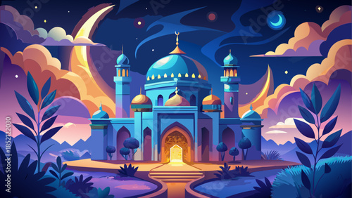 A vibrant and serene night scene with a grand mosque under crescent moons