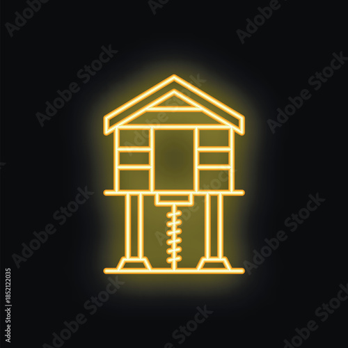 Neon glowing icon of a traditional wooden hut built on stilts over water