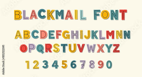 Blackmail font alphabet letters numbers colorful isolated on