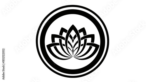 Stylized Black Lotus Flower within a Circular Emblem Design on Isolated White Background