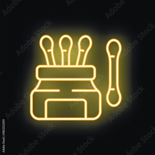 Glowing neon icon of cotton buds for ear cleaning with open jar and four buds inside and one out on dark background