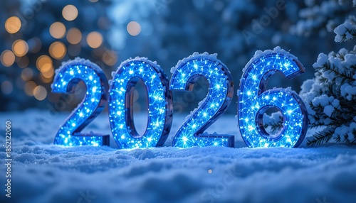 Blue glowing 2026 numbers embedded in fresh snow; festive bokeh lights and snow-covered evergreen branches in the background create a magical winter holiday celebration.