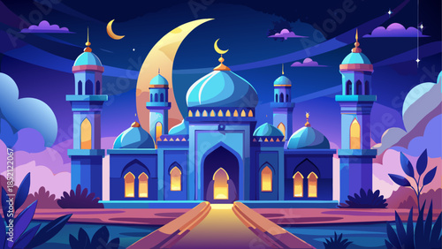Beautiful mosque illuminated at night under a crescent moon with a starry sky