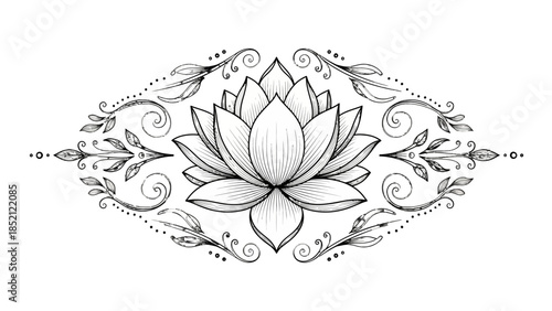 Elegant Black and White Lotus Flower with Ornate Decorative Frame Illustration on Isolated White Background