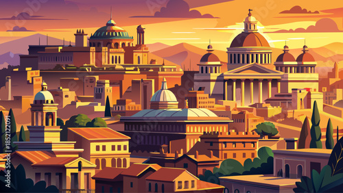 Very beautiful Rome cityscape during golden hour, showcasing ancient architecture, warm sunlight, layered rooftops, and historic atmosphere blending classical history with modern urban life in Italy’